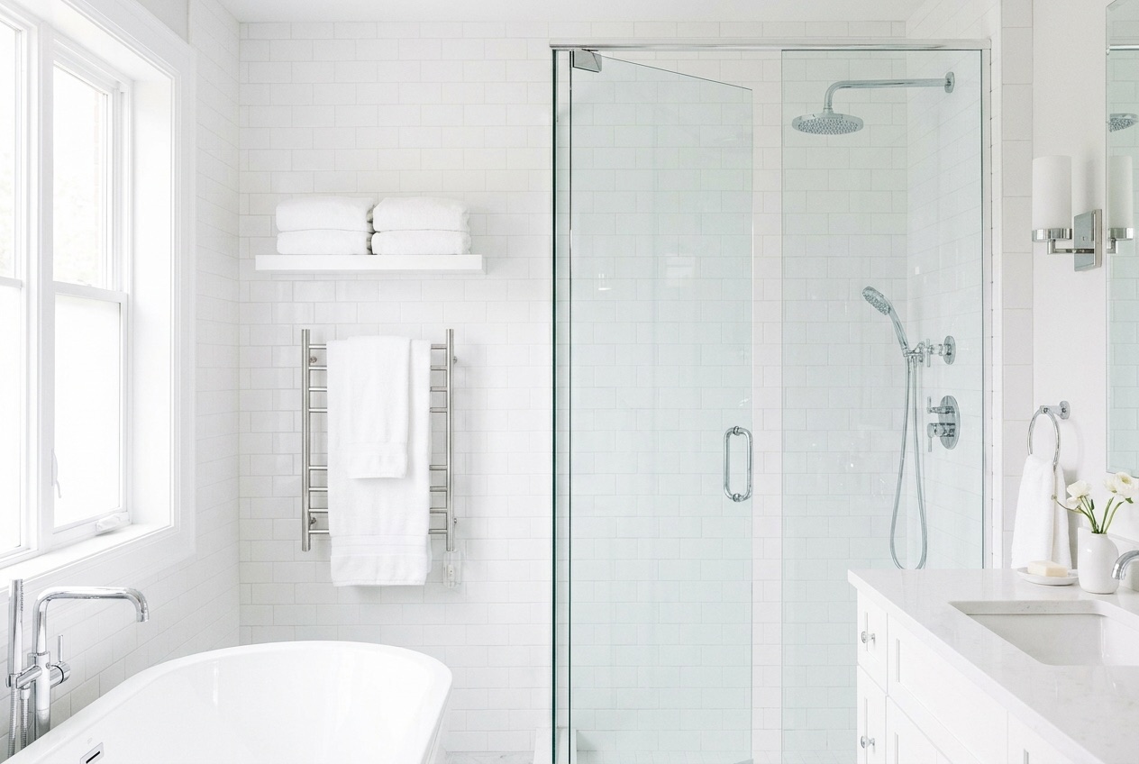 A sparkling clean bathroom with gleaming tile and glass