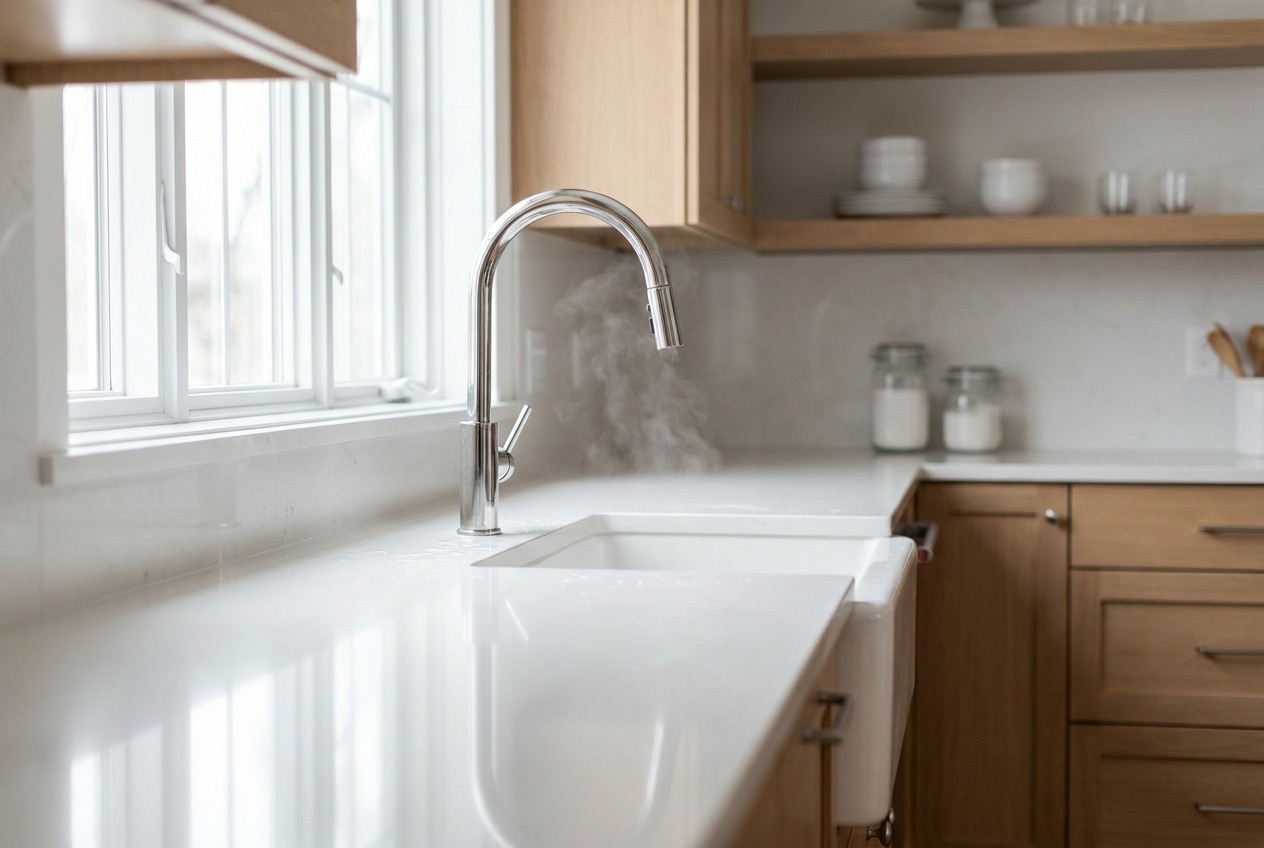 A gleaming, freshly cleaned kitchen countertop and sink